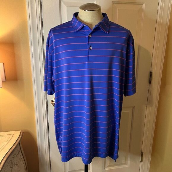 Peter Millar Summer Comfort Blue Pink Stripe Polo Shirt Fox Golf Logo LARGE Tall - Picture 1 of 3